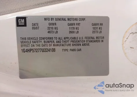 2007 Buick Lucerne Cx из США, поврежденный, VIN 1G4HP57277U224108